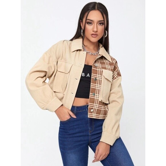 Shein Women's Size Small Plaid Flap Pocket Drop Shoulder Jacket Beige - Picture 1 of 10